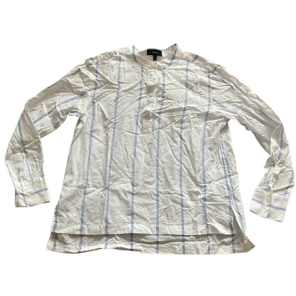 Theory Mandarin Collar Striped Cotton Blouse
